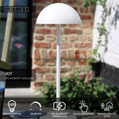 Lucide JOY - Oplaadbare Tafellamp Binnen/Buiten - Accu/Batterij - Ø 12 cm - LED Dimb. - 1x1,5W 3000K - IP54 - Wit